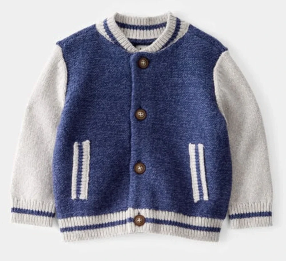 OshKosh B'gosh Baby Navy Jersey Knit Varsity Button-Down Sweater Sz 6m